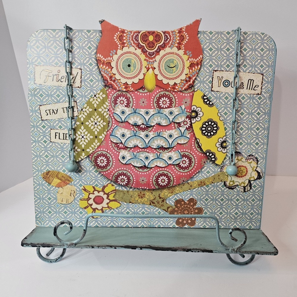 VTG Handmade Whimsical Owl Recipe Bk Weathered Metal Stand Scrollwork Feet Boho